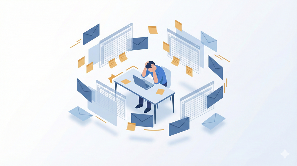 Überlasteter Schreibtisch mit manuellen Prozessen